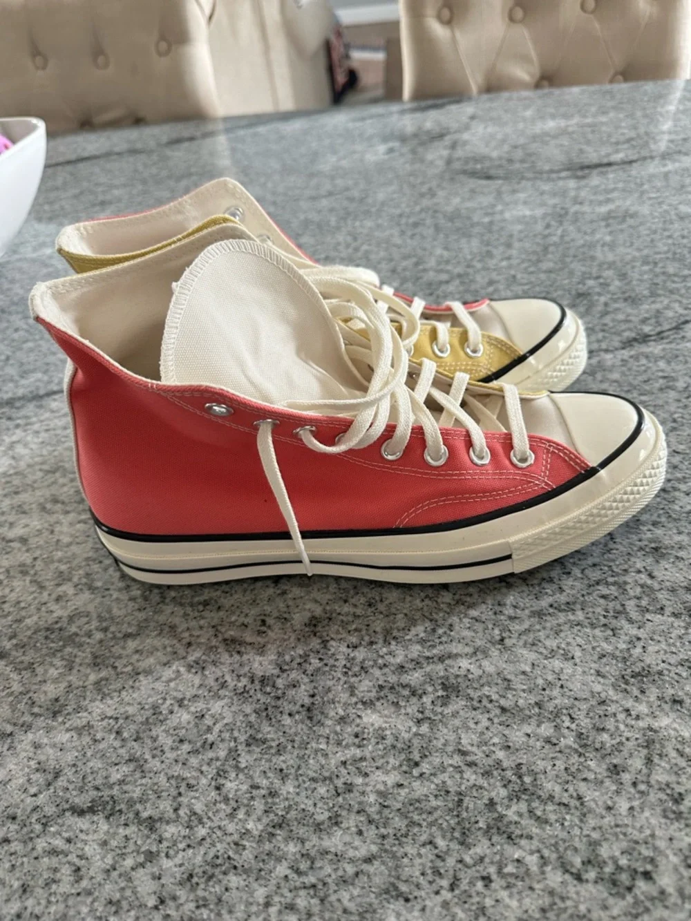 Two-Tone High Top Converse Canvas Sneakers in Coral & Yellow - Picture 2 of 11